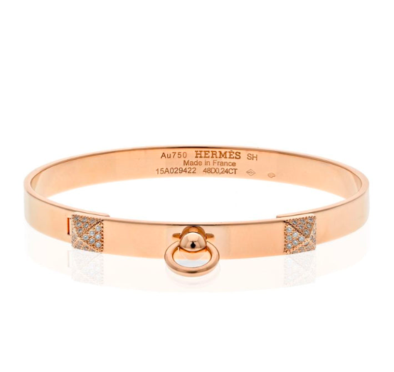 HERMES 上品 人気リング ローズゴールド Collier de Chien PM Authentic! Hermes 18k Rose Gold Collier De Chien Lock Band